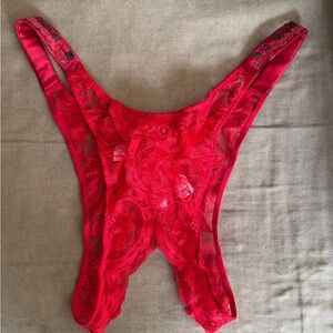 VICTORIAs SECRET RED LACE CHERRY RHINESTONE SHINE STRAP CROTCHLESS PANTIES NWT